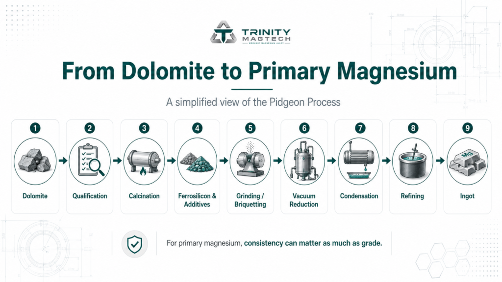 Pidgeon process flow from dolomite to primary magnesium ingot